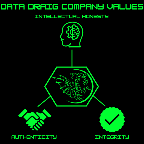 Data Draig company values infographic. Displays intellectual honesty, authenticity and integrity as core company values