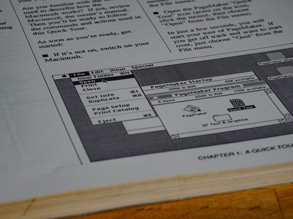 photo shows a manual of how to use an early piece of software (this is for PageMaker and not Power BI!)